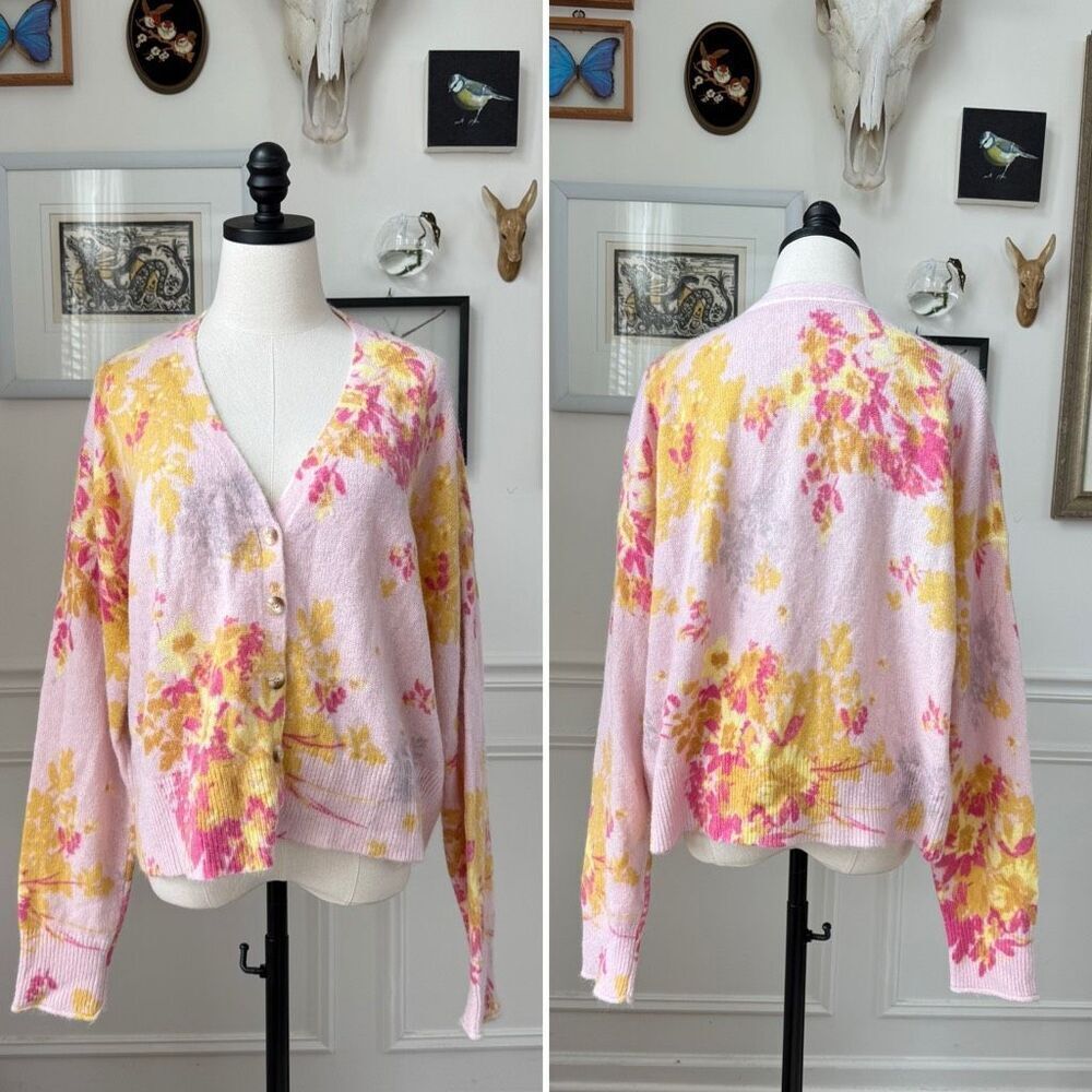 Sundance Dahlia Bloom Cardigan Sweater Yellow Pink Grey Wool Blend XXL